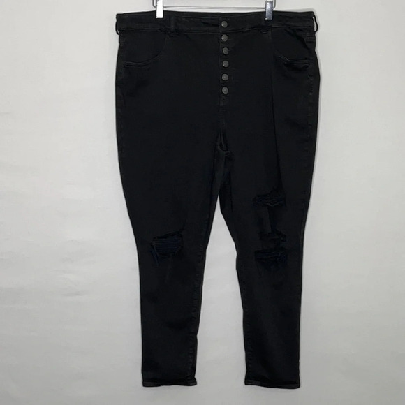 American Eagle Outfitters Super Hi-Rise Jegging in Black Distressed Button Fly - Picture 2 of 9